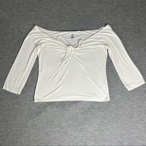 Me To We Off Shoulder Ruched & Ribbed Lace Up White Long Sleeve Size Large